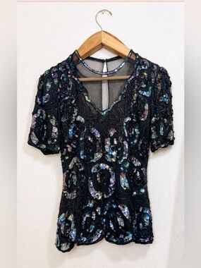 Laurence Kazar Hand Beaded Art Nouveau Iridescent Scalloped Silk Blouse Size S